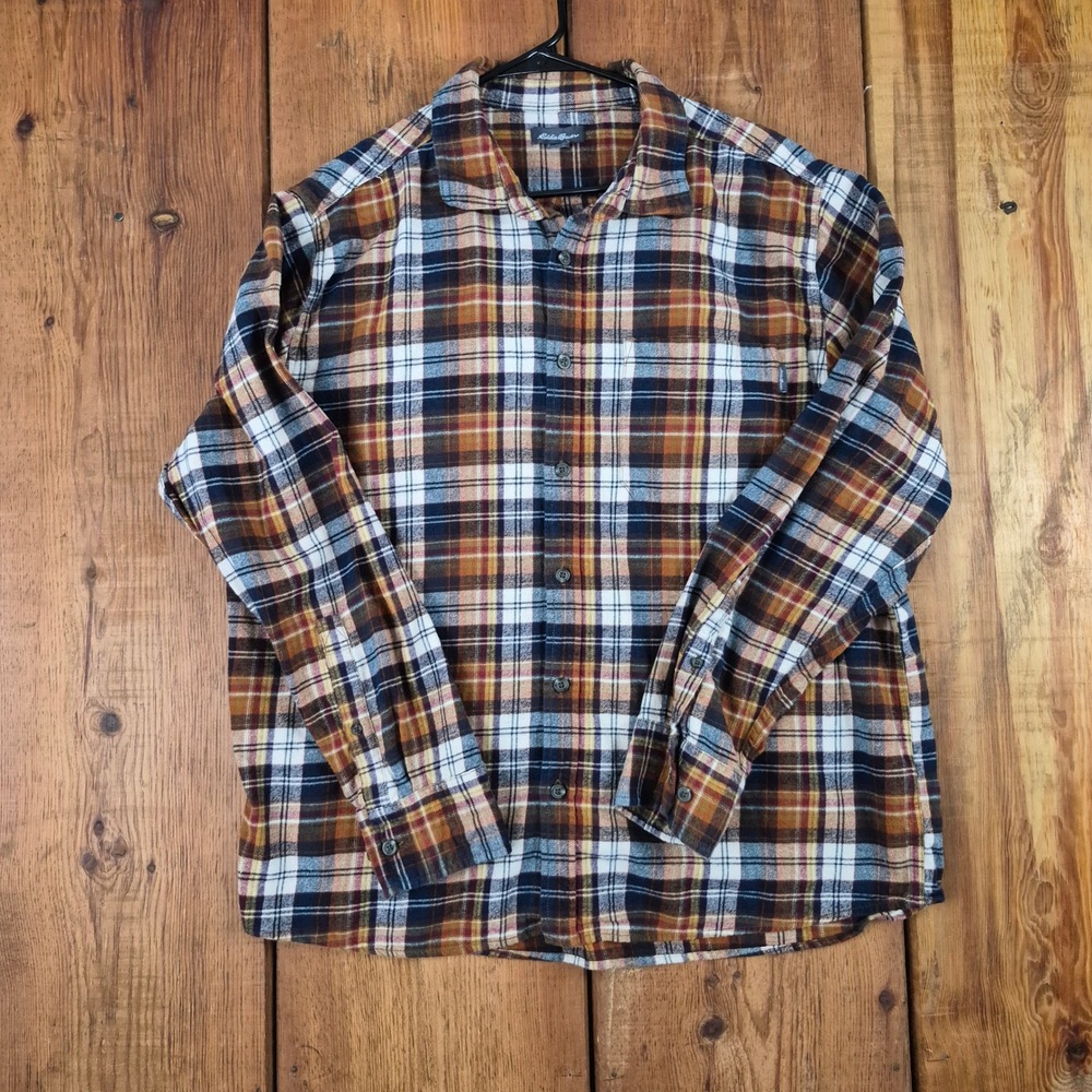 Eddie Bauer Mens XXL Plaid Flannel Button Down Shirt Brown Orange Winter Wear